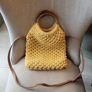 Yellow Woven Handbag with Brown Straps